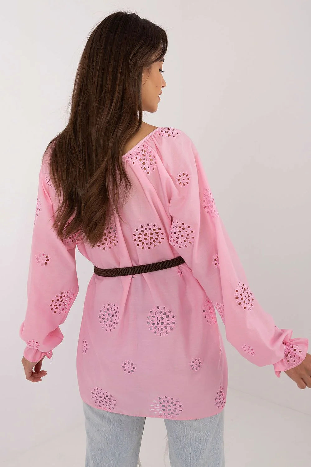 Tunique bohème rose clair pour femmes en coton dentelle motifs circulaires manches longues élastiques poignets cordon ajustement ceinture tressée été décontractée élégante