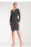 robe fourreau femme manches longues gris anthracite maille ponte viscose élasthanne extensible cintrée coutures discrètes taille marquée encolure cache coeur