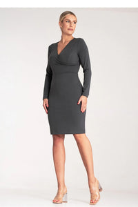 robe fourreau femme manches longues gris anthracite maille ponte viscose élasthanne extensible cintrée coutures discrètes taille marquée encolure cache coeur