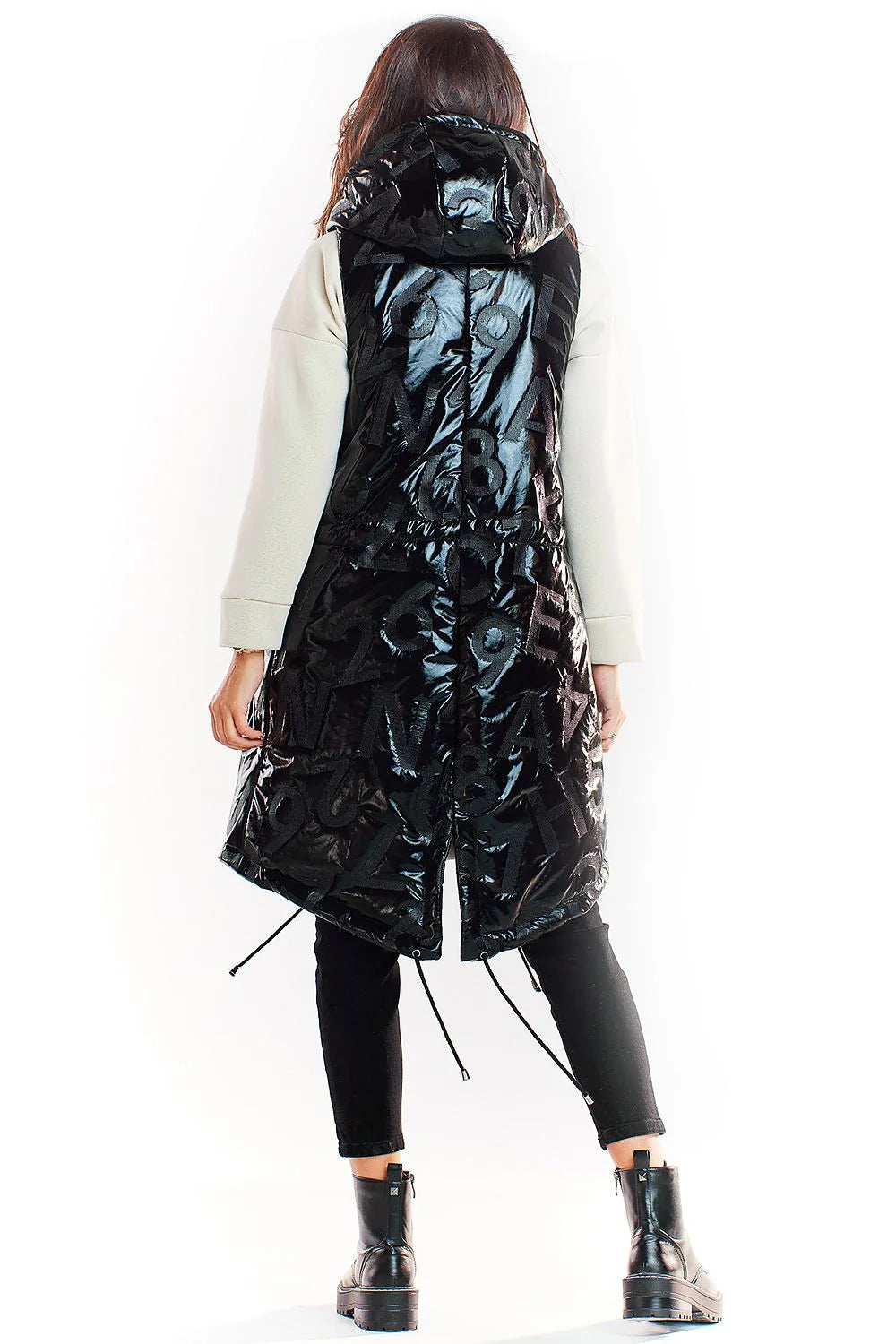 Gilet long sans manches métallisé futuriste audacieux avec capuche poches tendance urbaine automne hiver femme