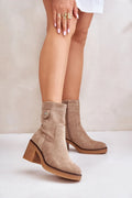 bottines femme cuir suédé écologique beige mi mollet talon bloc 7 cm semelle gomme bout arrondi