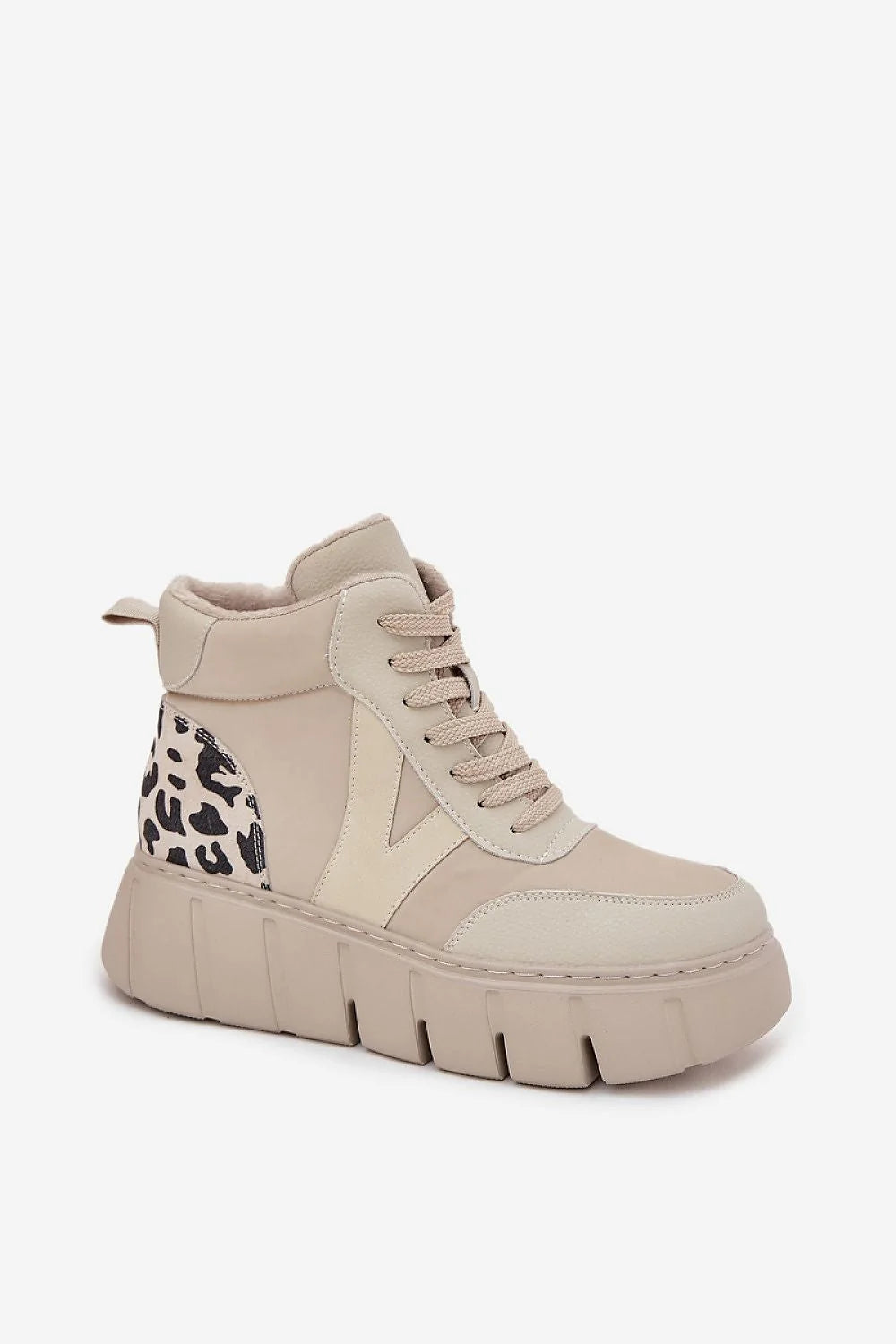 bottines montantes femme sportive vinceza cuir naturel plateforme légère crantée semelle lacets fermeture éclair rembourrée maintien suède imprimé léopard écru