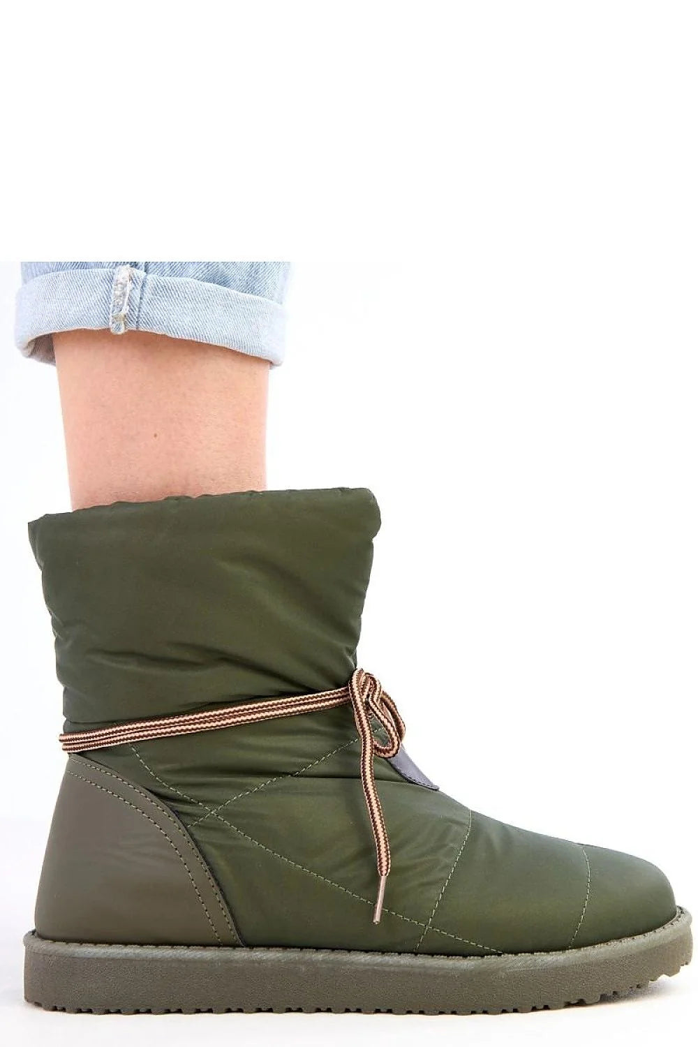 bottes neige femme cheville matelassées kaki olive nylon isolant lacet décoratif cordon marron ajustable semelle crantée caoutchouc antidérapante doublure chaude