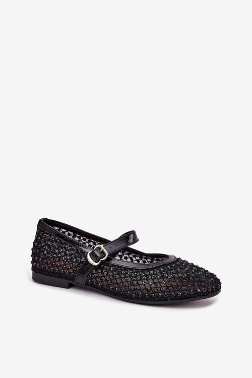 Ballerines élégantes pour femme en cuir artificiel mesh perles noires strap T boucle métallique argentée semelle plate confortable occasion quotidienne soir