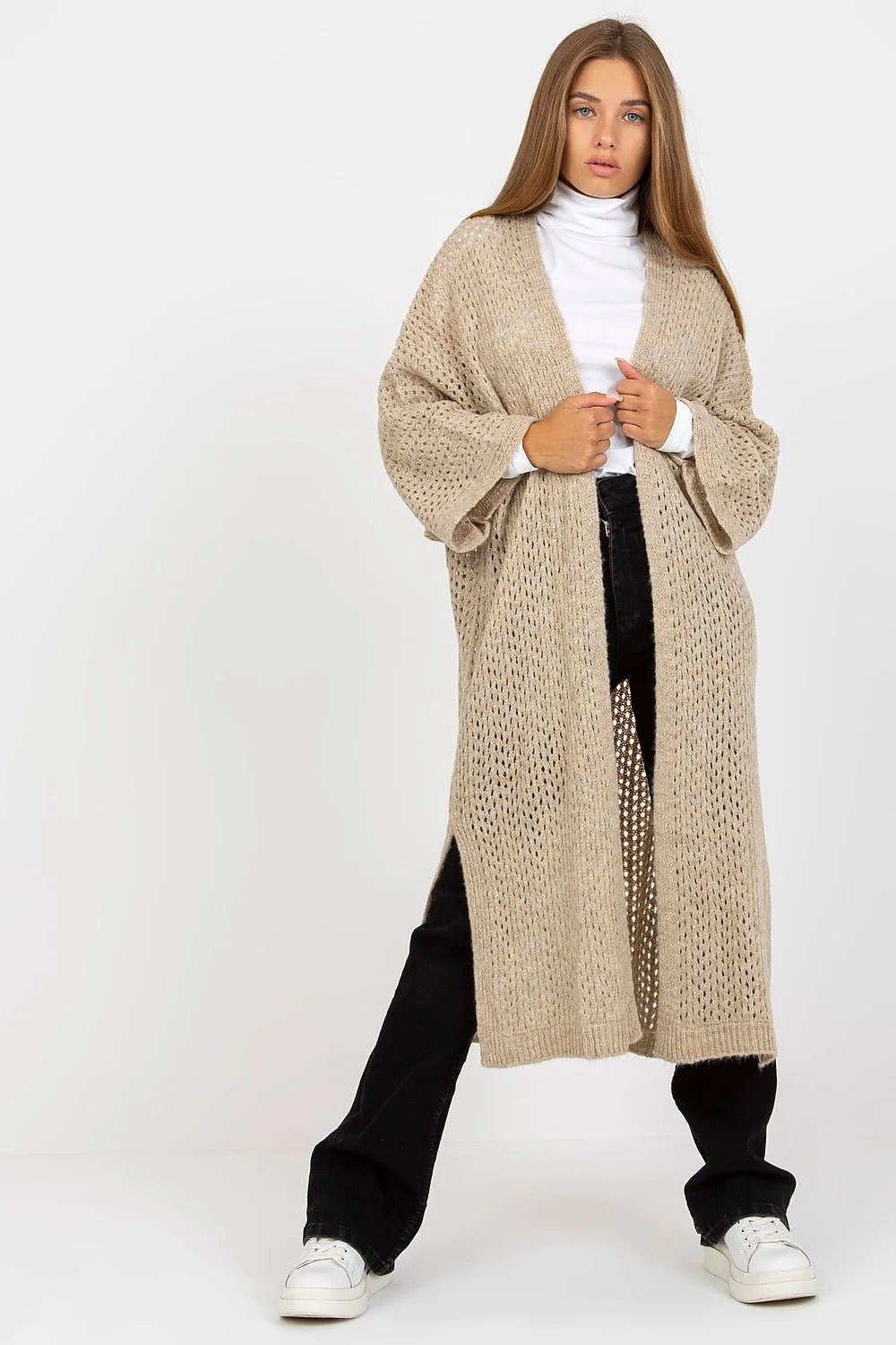 Cardigan long pour femme en tricot ajouré style bohème matières mixtes acrylique polyamide viscose laine