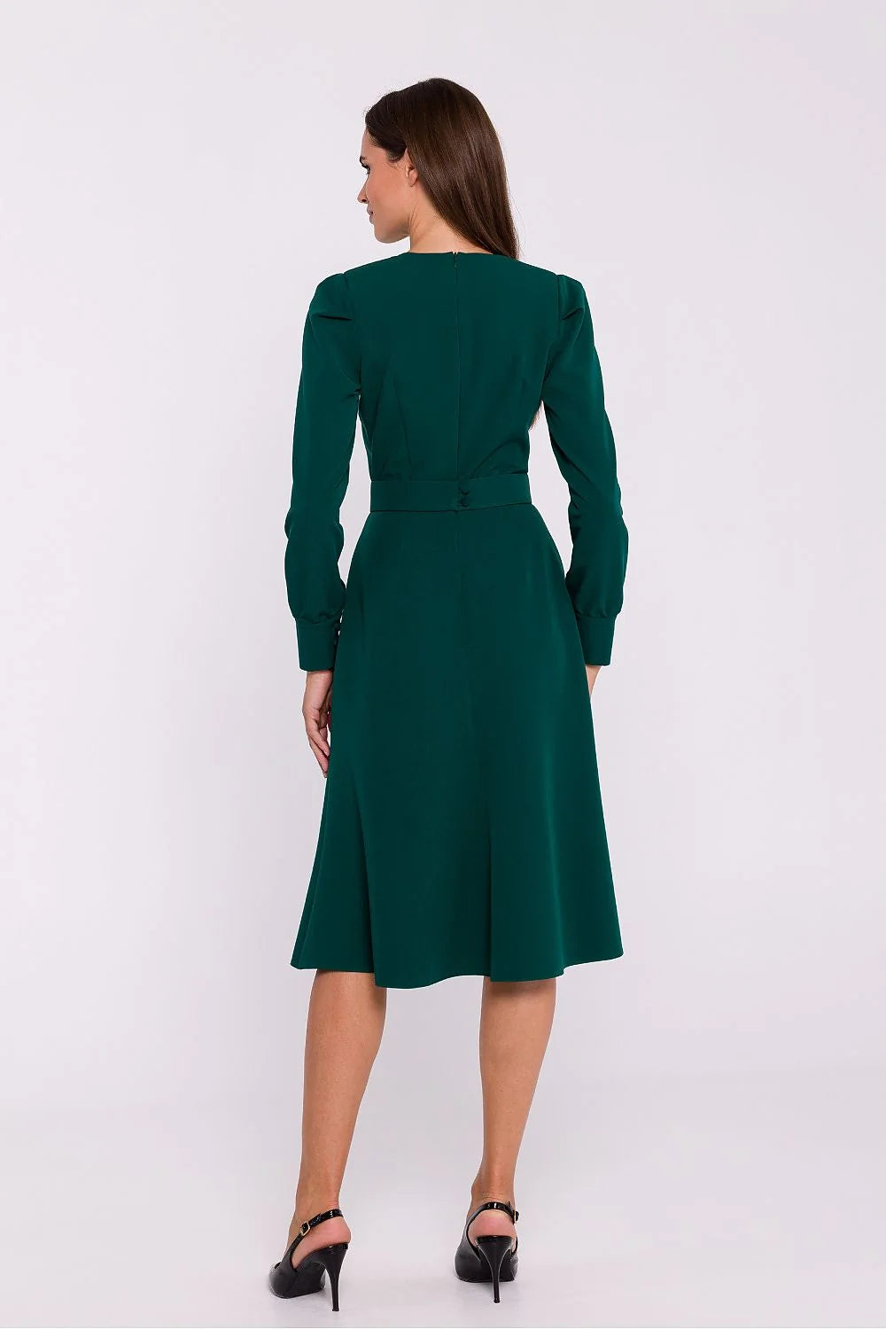 Robe élégante pour femme en vert émeraude manches longues ceinture intégrée coupe midi style classique