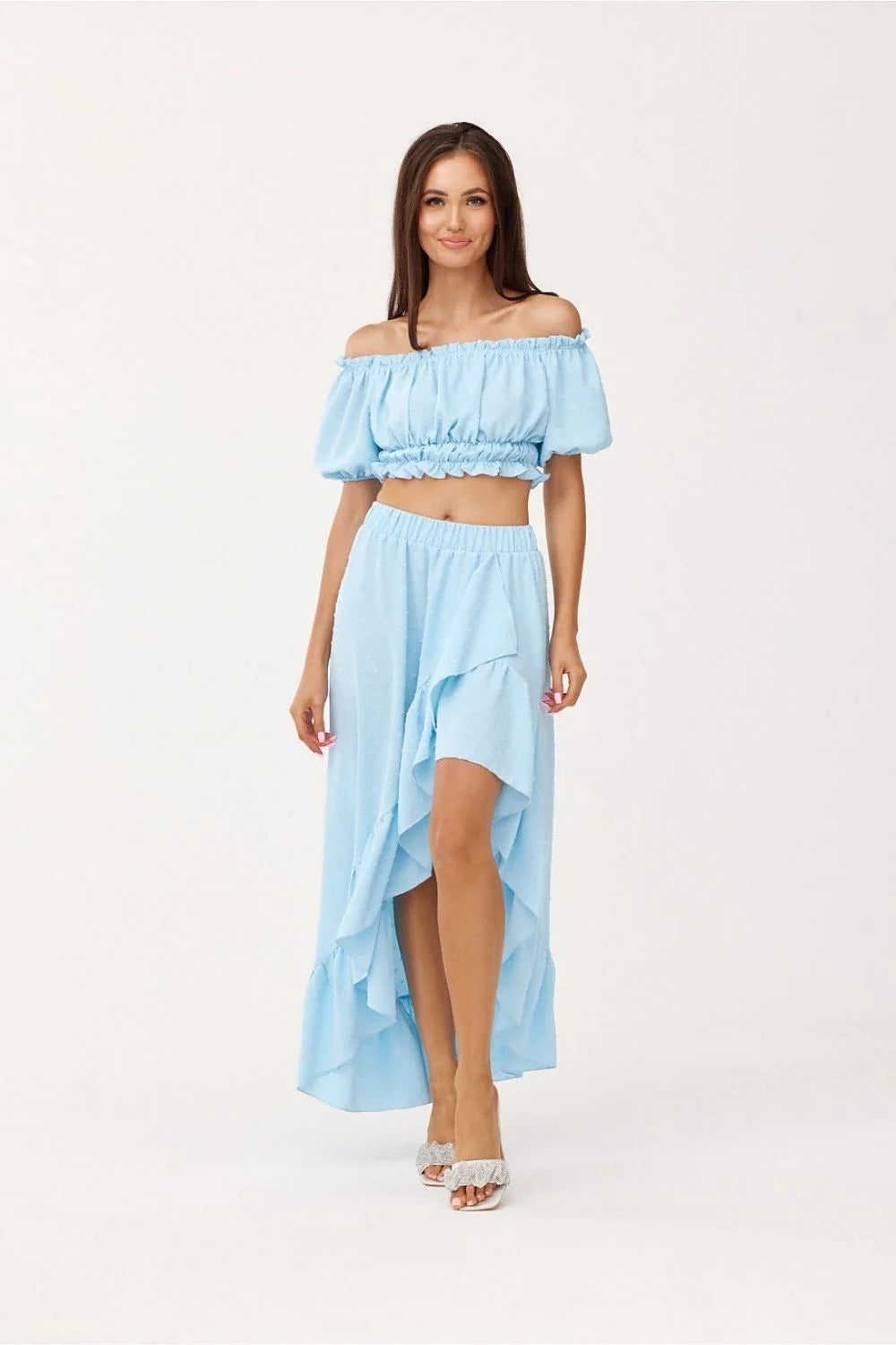 Ensemble Roco Fashion pour femmes chemisier jupe asymétrique épaules nues volants bleu clair coton respirant été décontracté