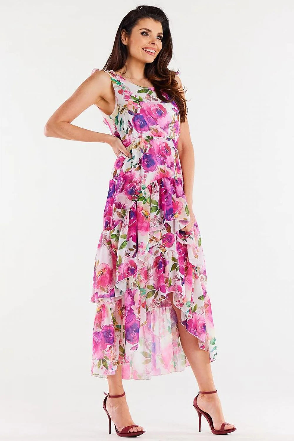 Robe asymétrique longue sans manches motif floral audacieux en mousseline élastique taille ajustable femme