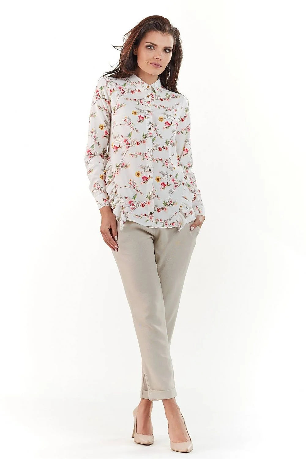 Ensemble blouse chemise manches longues tissu léger floral chic pantalon beige décontracté pour femmes élégantes