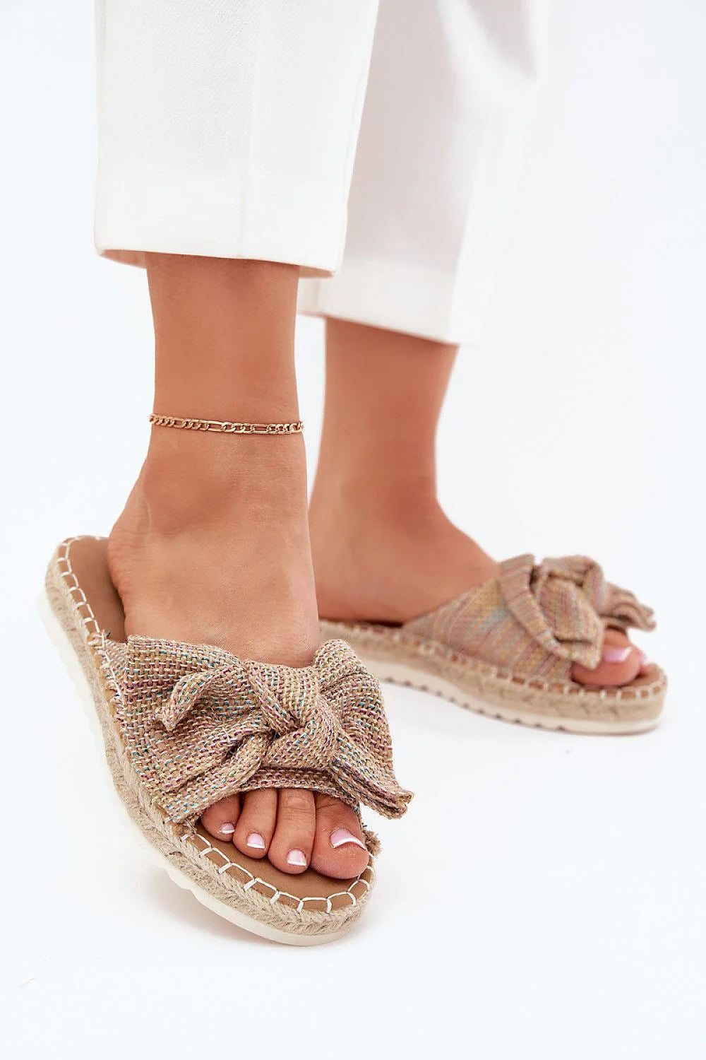 mules espadrille ouvertes femme multicolore tissu tressé grand noeud jute plateforme 3cm semelle caoutchouc crantée matelassée