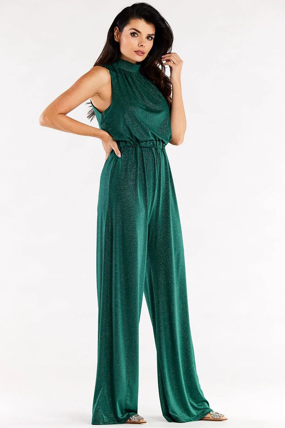 Combinaison awama femme élégante moderne noire scintillante sans manches col noué taille élastiquée occasion spéciale soirée