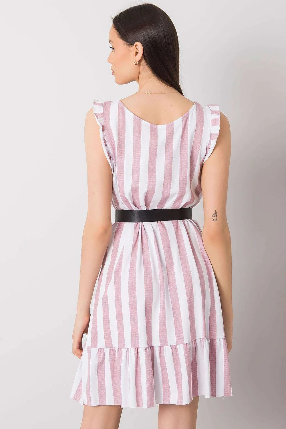 Robe d'été sans manches rayures blanches et roses coton 100 % ceinture métal doré femme