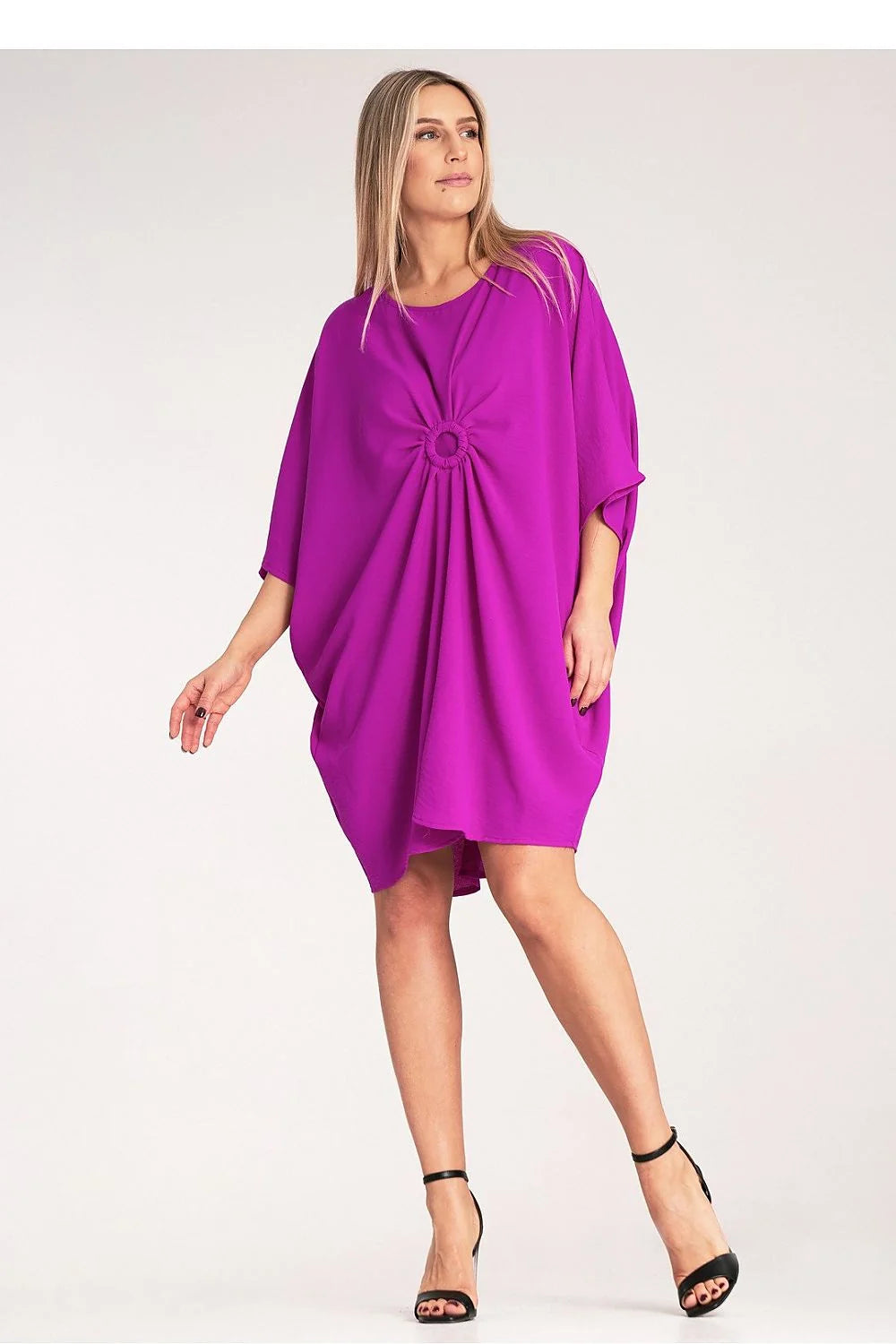 Robe de jour moderne pour femme couleur violet manches courtes détail circulaire polyester robe asymétrique tailles S à XL