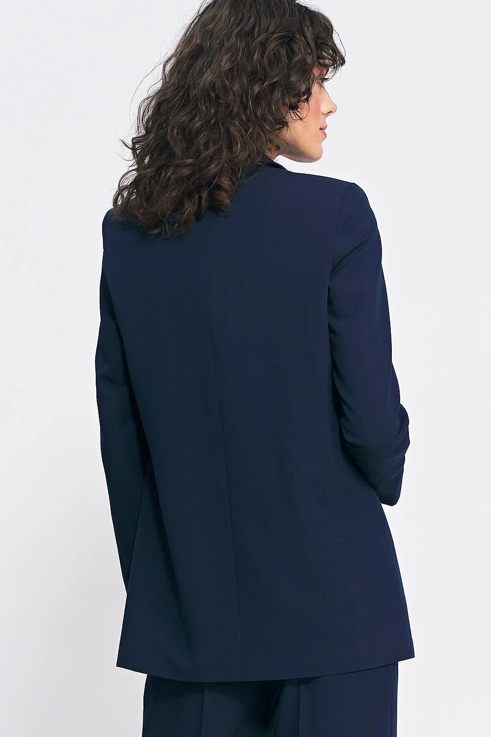 veste blazer long bleu marine col cranté coupe droite tissu structuré doublée élégante bureau professionnel viscose polyester élasthanne