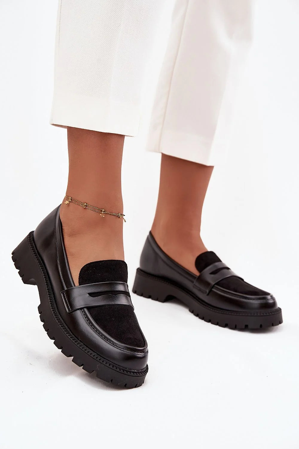 mocassins femme cuir écologique noir suède insert penny bout arrondi surpiqûres minimaliste semelle plateforme crantée antidérapante talon plat confortable polyvalent