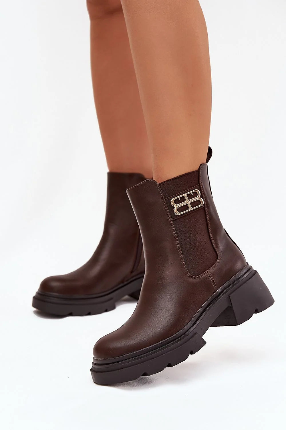 bottines Chelsea femme simili cuir marron foncé tige mi mollet doublure fourrure synthétique fermeture éclair talon bloc 5cm