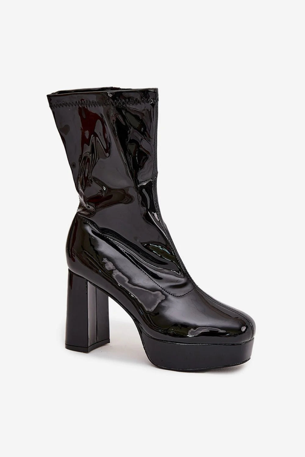 bottes femme mi mollet verni noir talon bloc haut plateforme compensée bout arrondi carré tige ajustée fermeture éclair doublure chaude