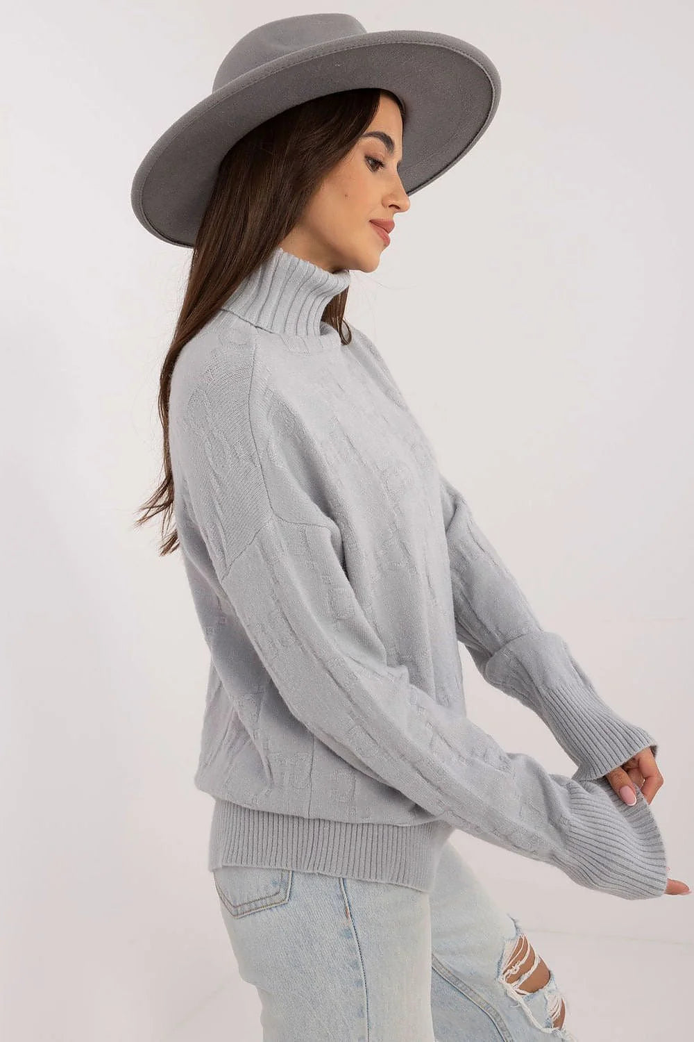 Pull col roulé femme maille texture gaufrée motifs géométriques coloris gris clair matériau acrylique polyester polyamide longueur standard manches longues look moderne élégant