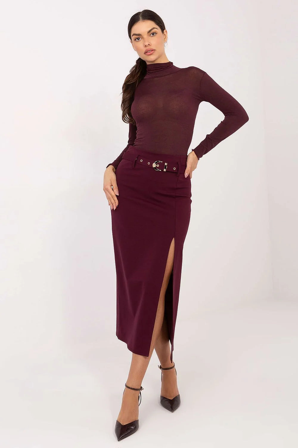 chemisier femme col roulé slim manches longues ajustée maille fine extensible cachemire viscose élasthanne nylon bordeaux semi transparent