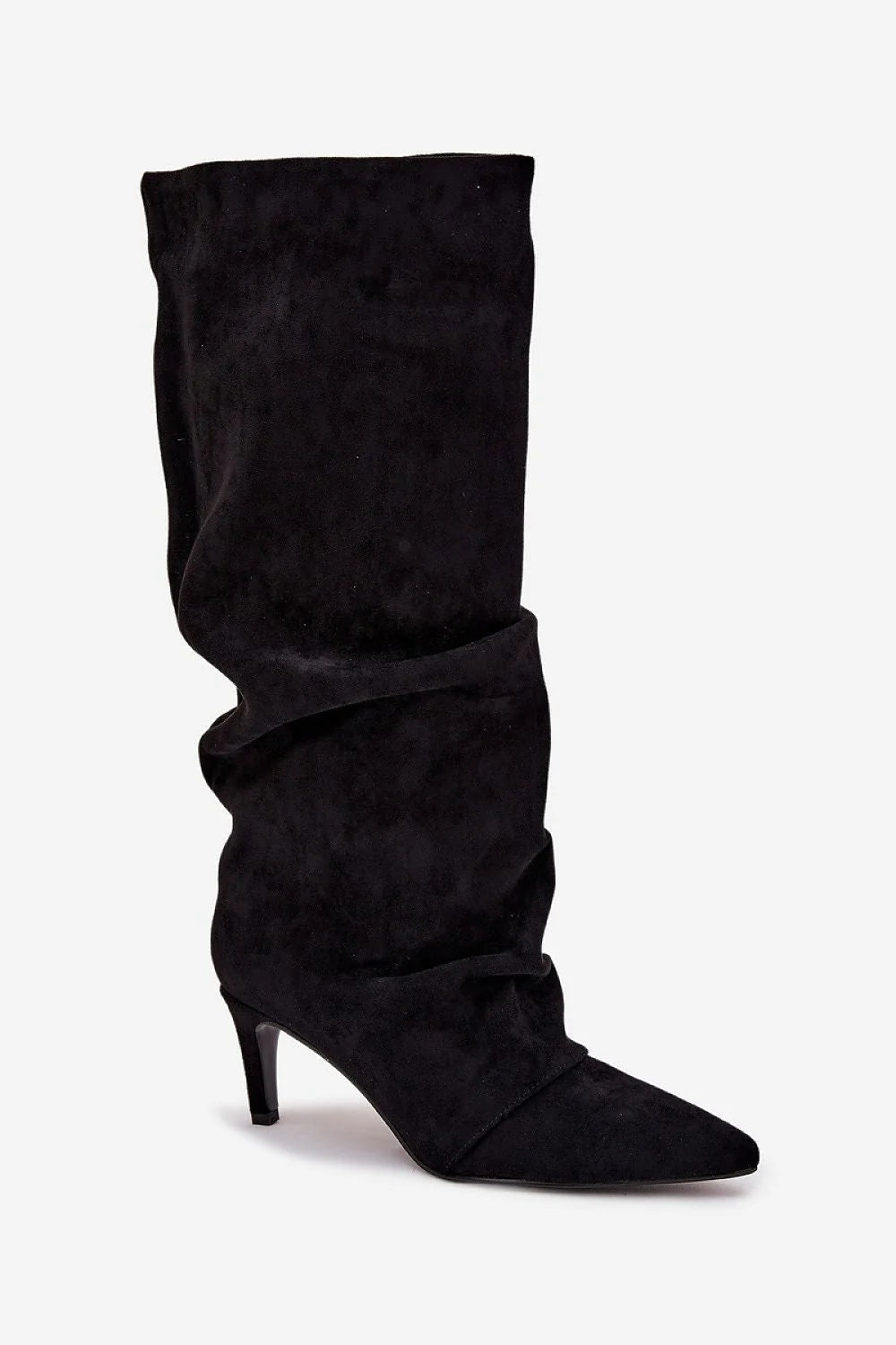 bottes hautes talon aiguille bout pointu suède écologique noir tige froncée ample fourrure doublée chaude enfiler élégante féminine