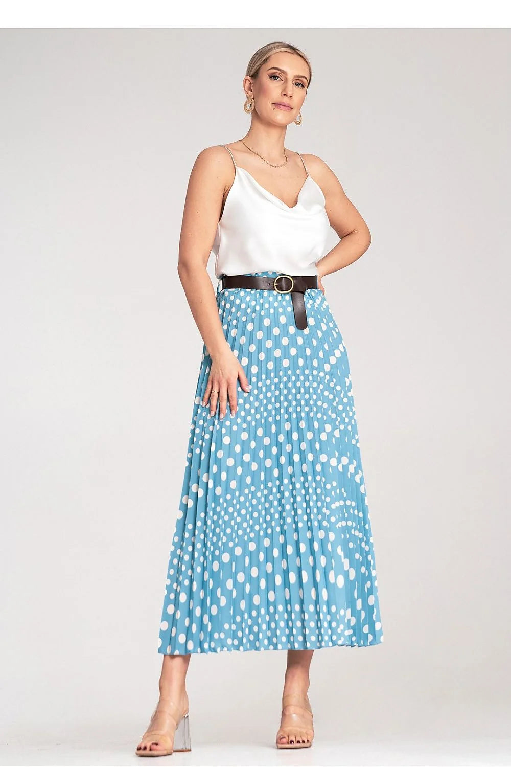 jupe midi plissée bleu clair pois blancs taille haute ceinture élastique boucle noire dorée polyester élasthanne fluide vintage chic élégante