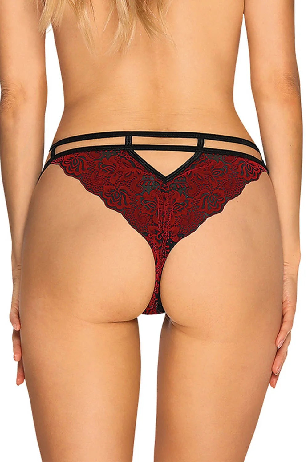 String féminin en dentelle rouge floral élastique bandes noires métal-detail coupe minimaliste lingerie élégante pour femmes