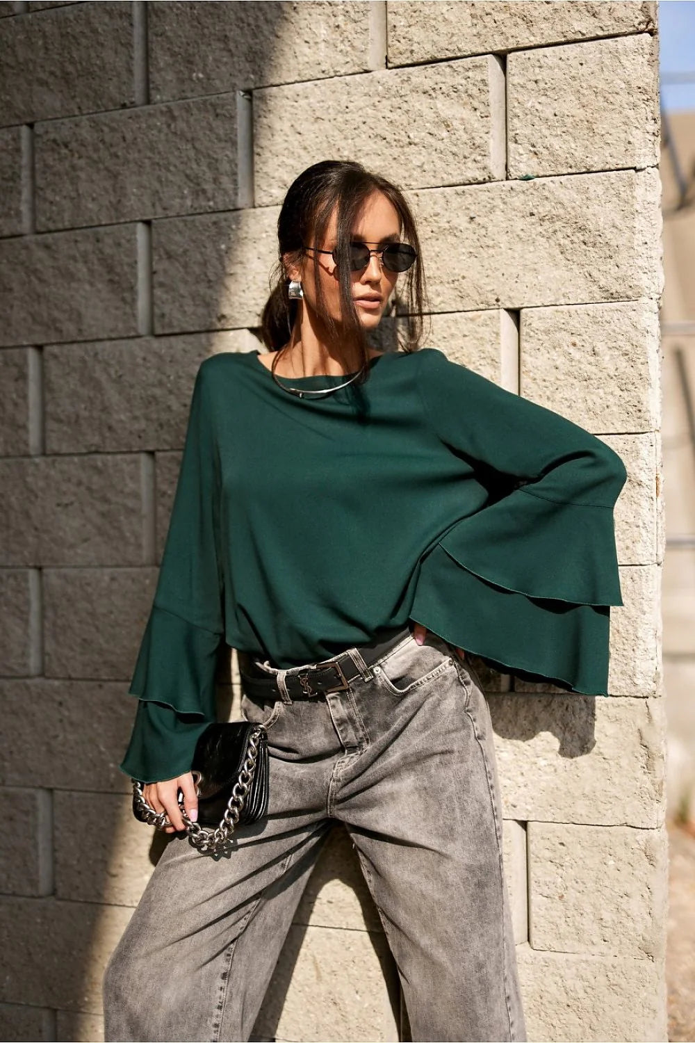 chemisier camila femme vert sapin viscose extensible léger fluide joli tombé col bateau manches évasées volants superposés ample décontracté élégant