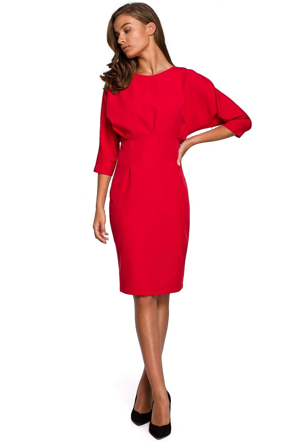 robe élégante ajustée manches trois quarts col rond cintrée taille marquée jupe droite midi rouge vif polyester élasthanne stretch polyvalente