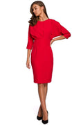 robe élégante ajustée manches trois quarts col rond cintrée taille marquée jupe droite midi rouge vif polyester élasthanne stretch polyvalente