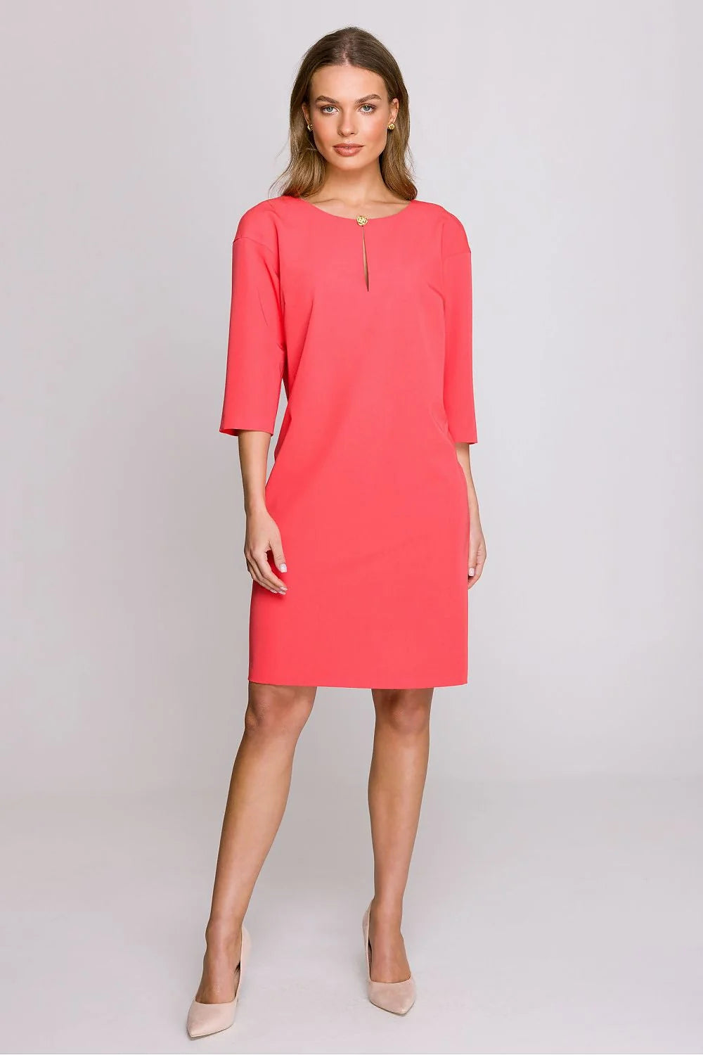 Robe de jour Stylove légère confortable coupe ample genou manches 3/4 décolleté élégant fermeture éclair fente sans doublure haute qualité Pologne