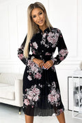 Robe de cocktail Numoco en mousseline plissée, manches longues, motif floral, taille ajustable, polyester 100%, fabrication européenne