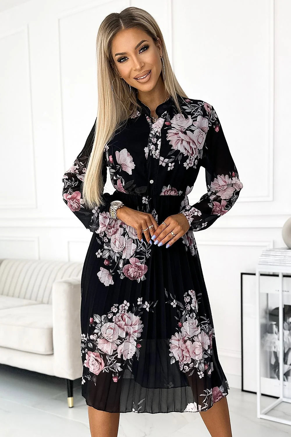Robe de cocktail Numoco en mousseline plissée, manches longues, motif floral, taille ajustable, polyester 100%, fabrication européenne