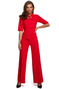 Combinaison rouge tissu lisse élégante chic manches mi-longues col écharpe jambes larges femmes