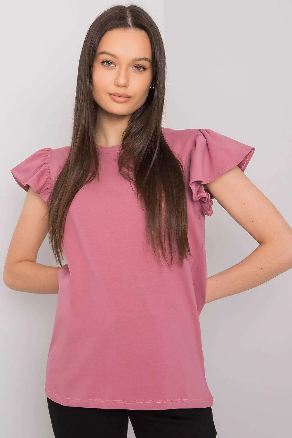 chemisier femme crop noué devant fuchsia manches courtes volants encolure ronde coton lycra stretch cintré taille haute léger respirant