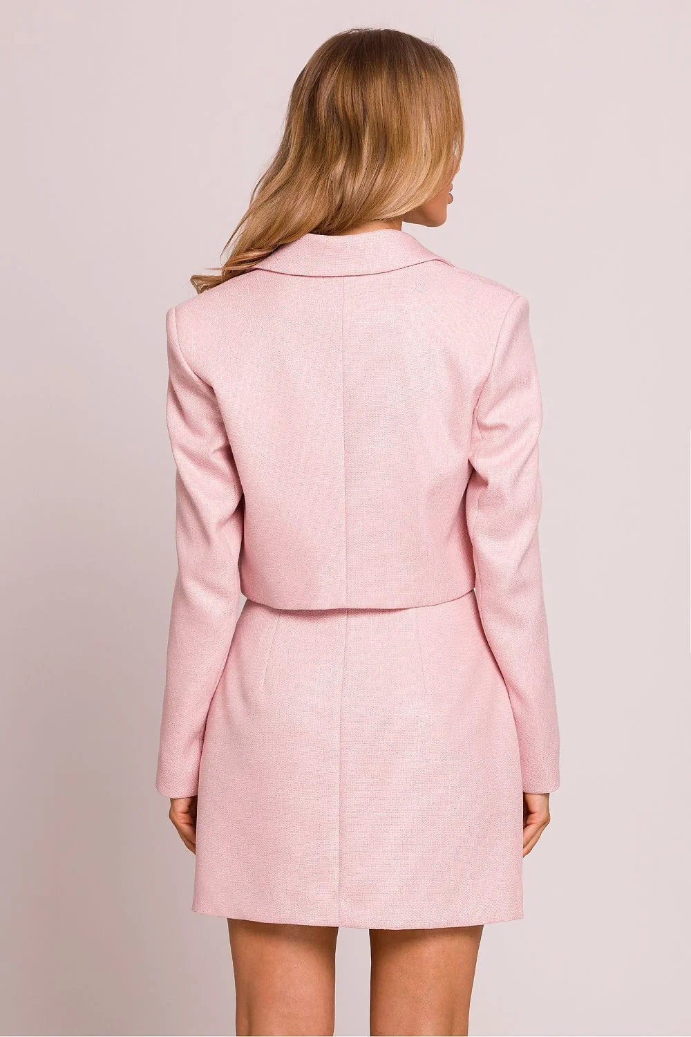 Ensemble féminin blazer jupe assortie élégant printemps-été rose pastel coupe moderne taille haute femme