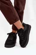 sneakers femme suédine écologique noir chunky plateforme semelle crantée caoutchouc lacets plats col rembourré intérieur fourré confortable chaud