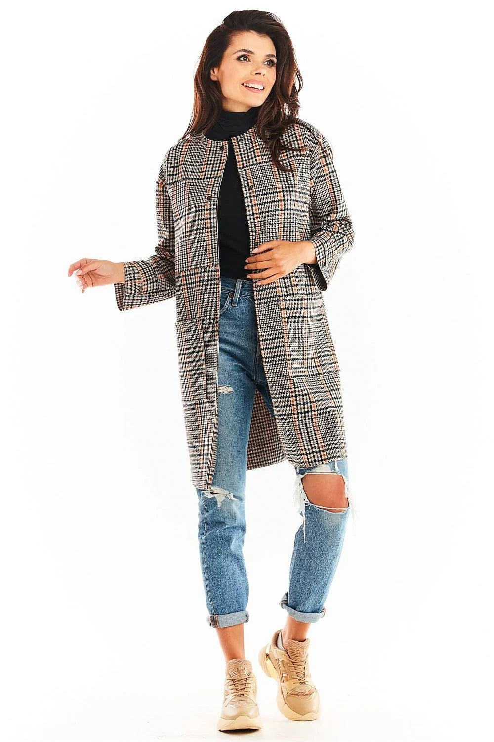 Manteau femme laine chic carreaux noirs blancs marron élégant automne hiver col rond tendance