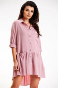Robe chemise awama loose fit col trapézoïdal manches longues boutons dorés couleur rose pâle polyester viscose femme