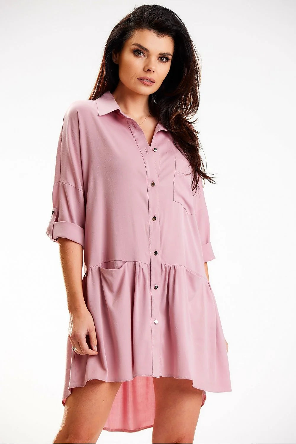 Robe chemise awama loose fit col trapézoïdal manches longues boutons dorés couleur rose pâle polyester viscose femme