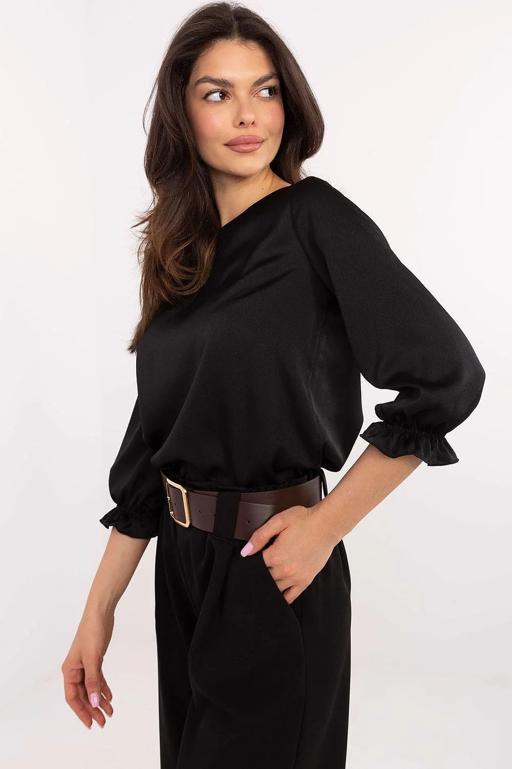 Chemisier Lakerta élégant noir soie satinée manches longues encolure bateau ceinture dorée femmes occasionnels formels
