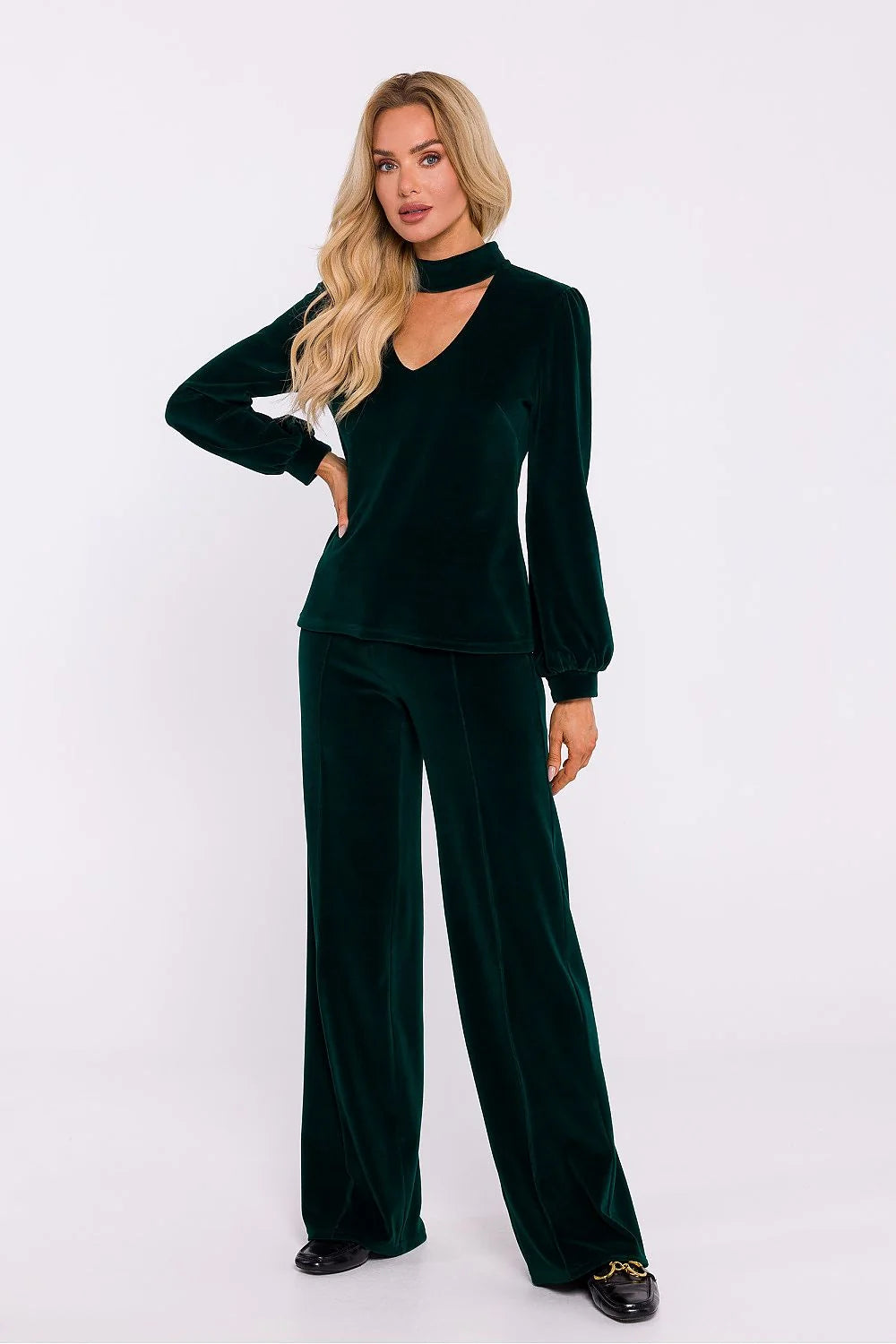 Ensemble velouté femme vert foncé haut manches longues épaules bouffantes pantalon taille ajustable occasion élégante