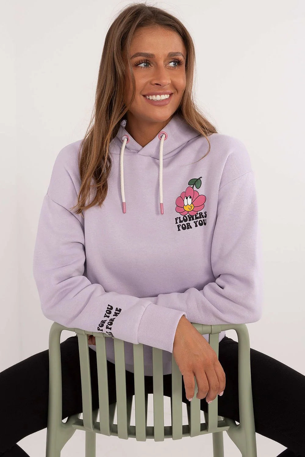 Sweatshirt à capuche pour femme en coton-lavande pâle design moderne fleur souriante manches longues coupe ample