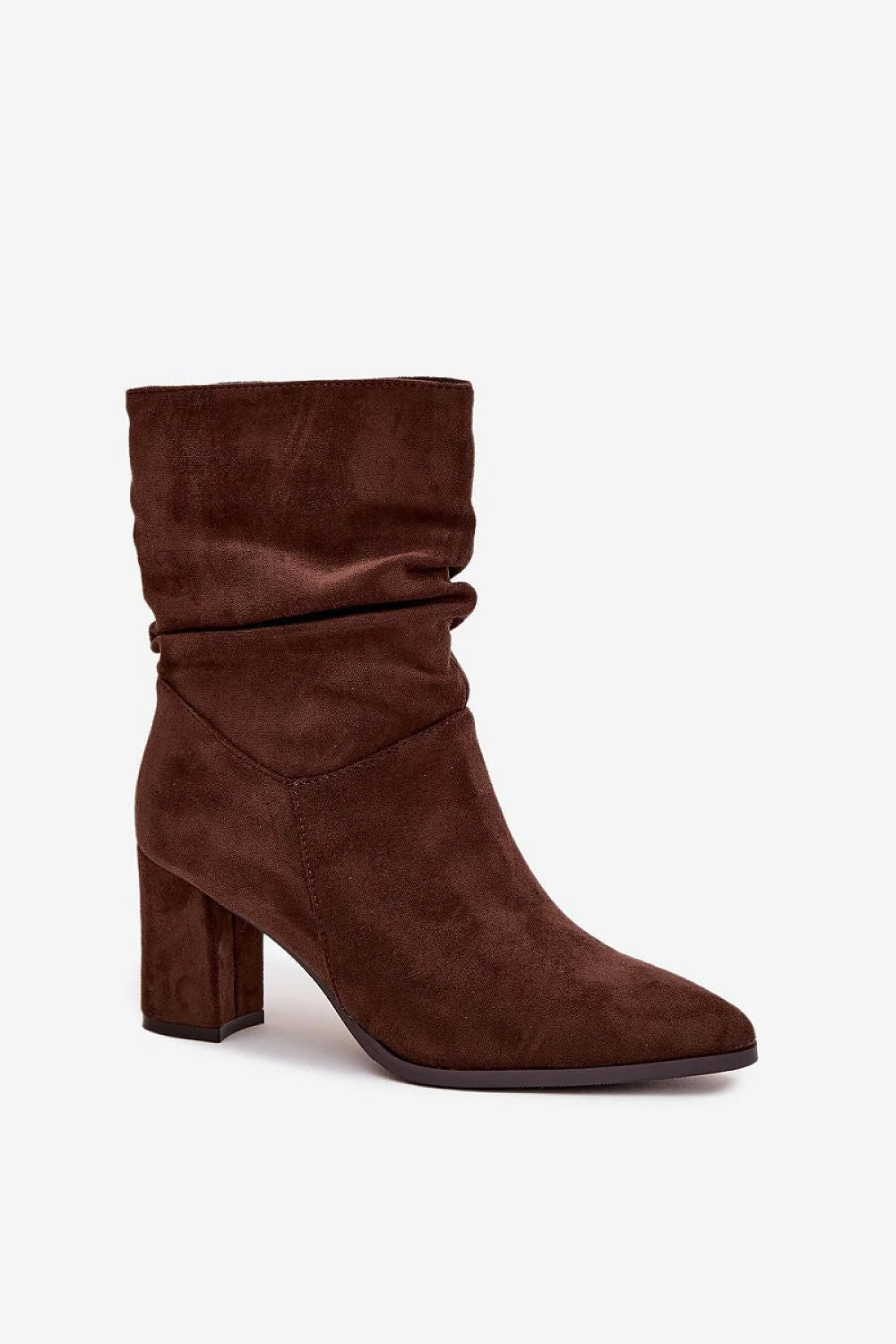 bottines femme mi mollet suédine écologique chocolat tige froncée bout pointu talon bloc 7cm fermeture éclair latérale doublure