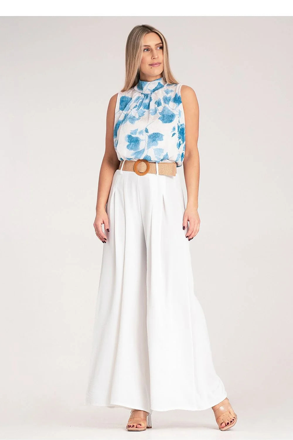 Pantalon femme Figl large taille haute ceinture tressée polyester blanc floral haut sans manches