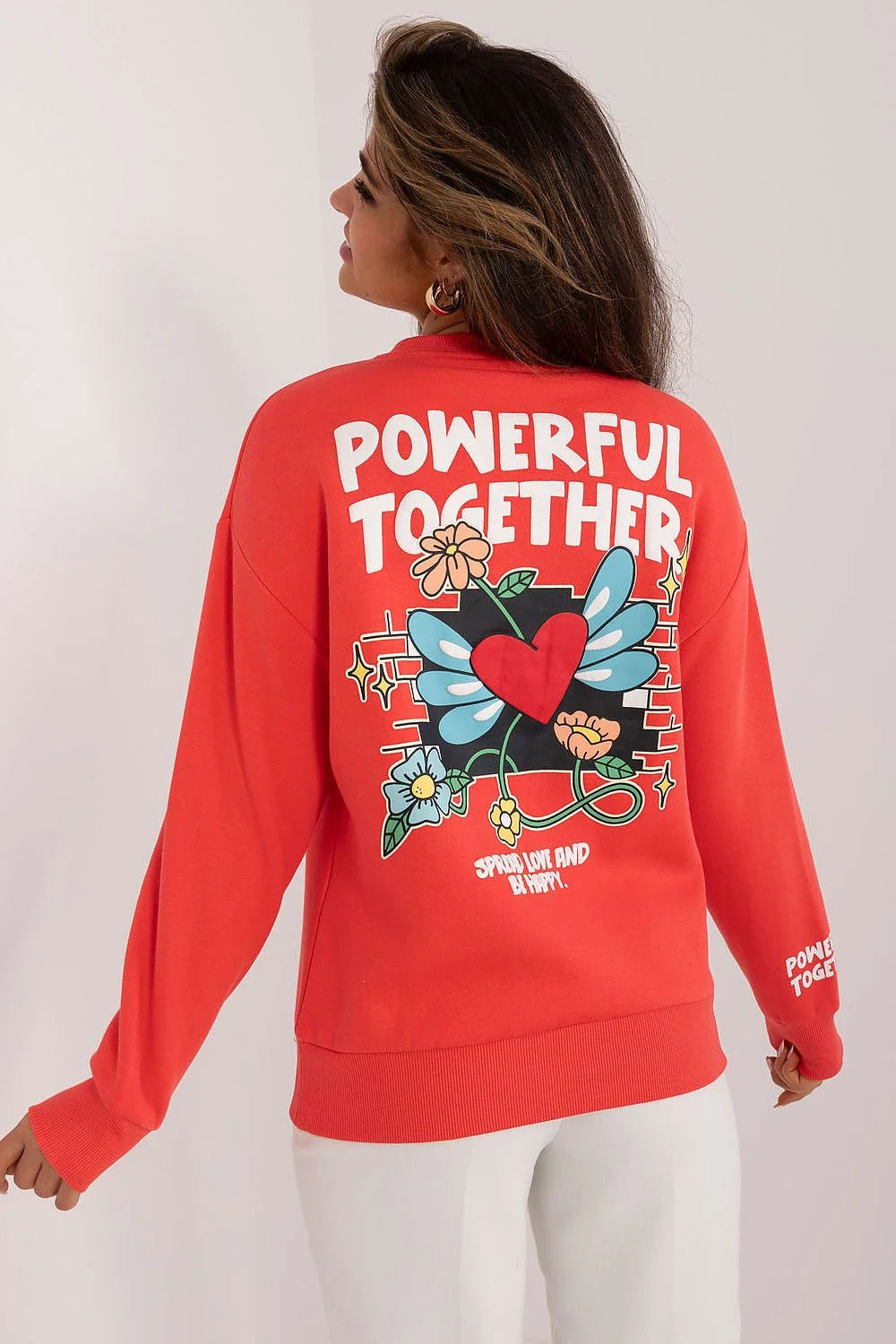 Sweatshirt pour femme rouge design graphique style casual coton polyester coupe ample manches longues