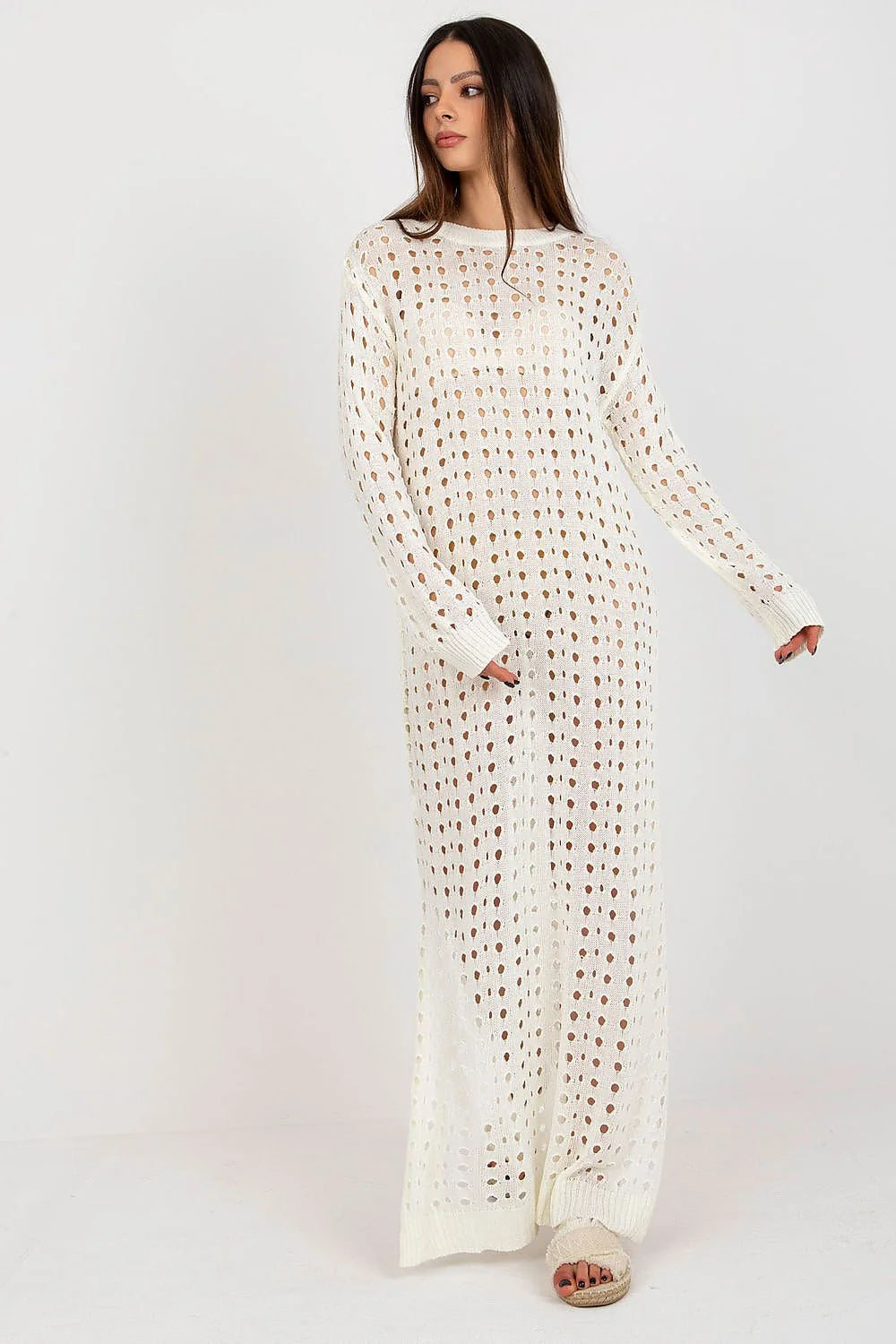 Robe de plage Badu longue maille ajourée manches longues encolure ronde fentes latérales acrylique laine femme