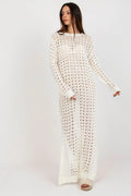 Robe de plage Badu longue maille ajourée manches longues encolure ronde fentes latérales acrylique laine femme