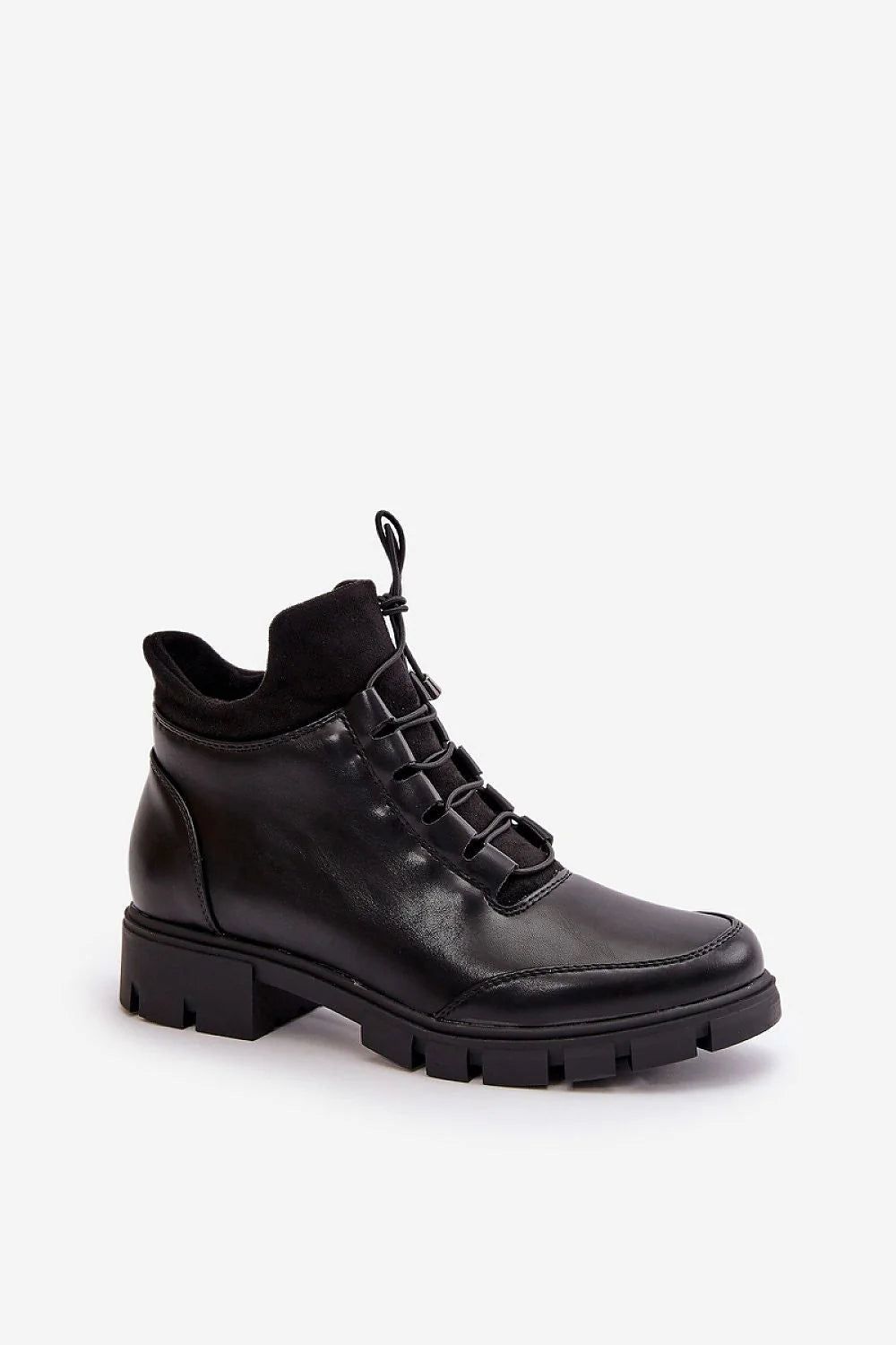 bottines femme cuir artificiel noir chic montante cheville semelle crantée épaisse antidérapante doublure chaude col rembourré lacets épais