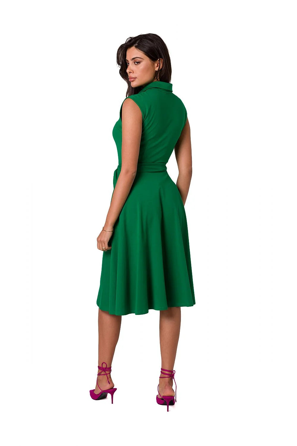 Robe de jour sans manches élégante verte vif ceinture assortie col chemise femmes coton elasthanne taille ajustable occasionnels