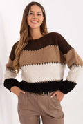 pull femme maille épaisse colorblock larges rayures brun foncé camel écru noir coupe boxy courte manches longues col rond doux